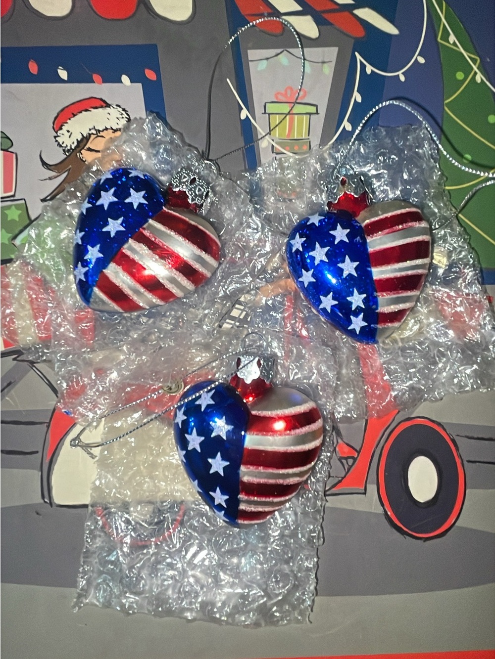 American Flag Heart Ornaments - 3 new Patriotic glass Christmas ornaments usa